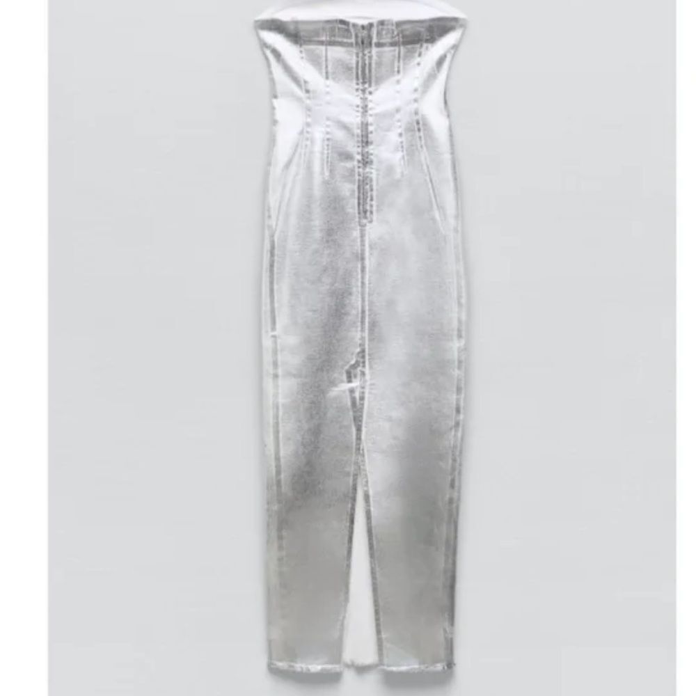 NWT Blogger Favorite Zara Silver Metallic Shiny Strapless Denim Dress - Picture 5 of 9